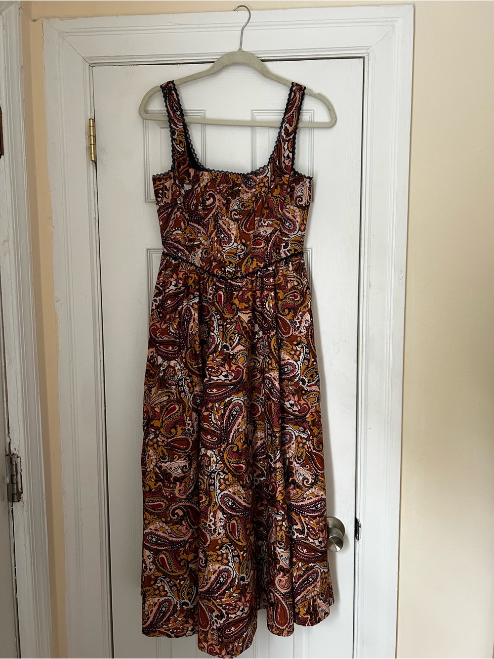Wayf Paisley Sleeveless Midi Dress in Burgundy and Mustard